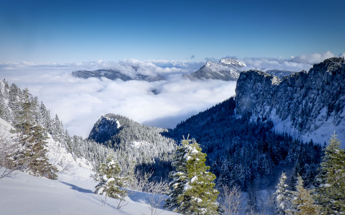 High panorama of snow-covered mountainside above clouds in the Massif de la Chartreuse, French Alps.
