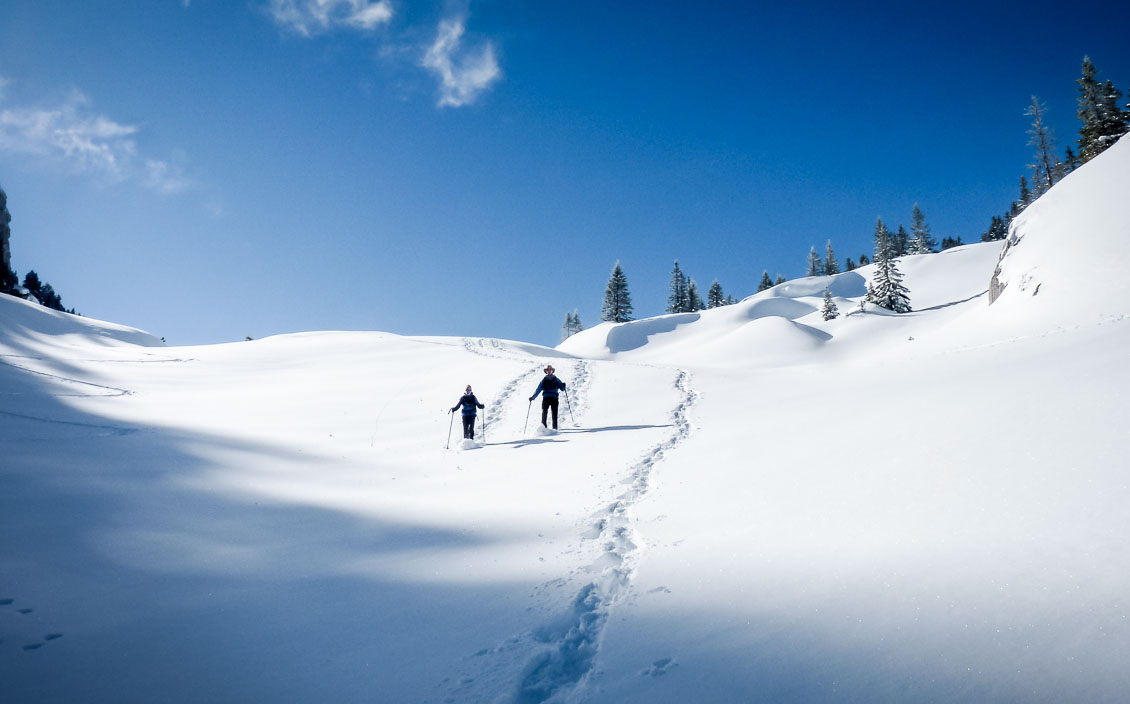 Couple showshoeing on snow-covered mountainside in the Massif de la Chartreuse, French Alps.