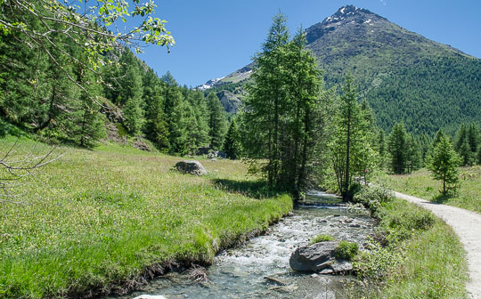 Wide view of shallow valley with mountain stream beside footpath.