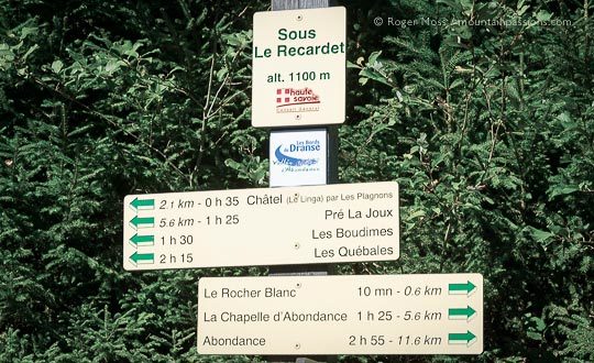 Bike route and footpath sign between Chatel and Abondance, French Alps