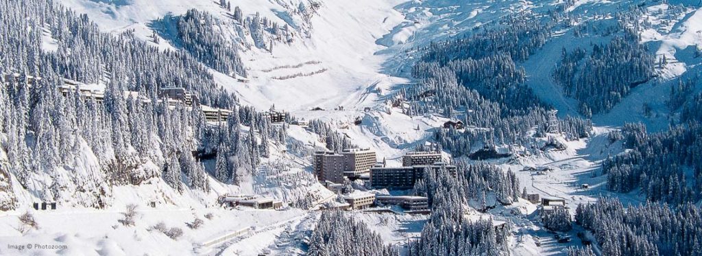 Fresh snow at Flaine ski resort, Grand Massif, French Alps
