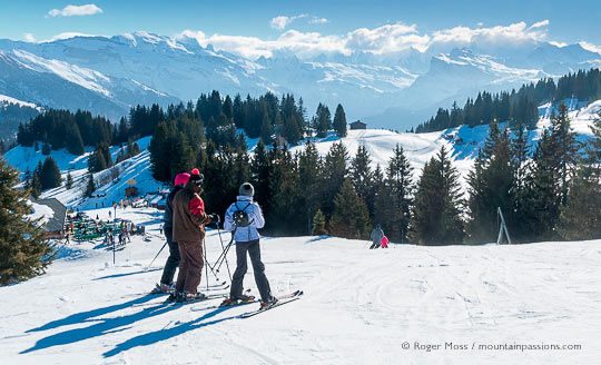 Skiers looking at mountain scenery above Les Gets, French Alps