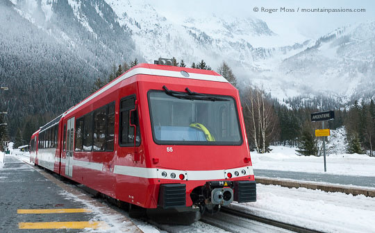 Mont-Blanc-Express train at the station in Argentiere, Chamonix Valley