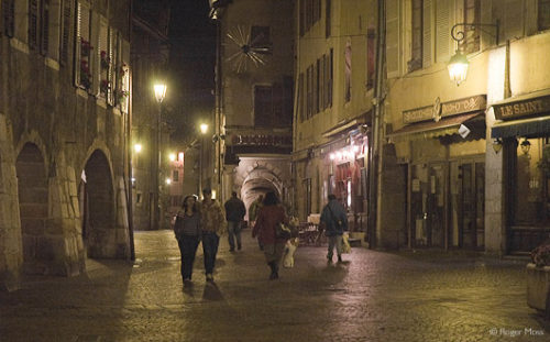 Night view of Annecy old town streets