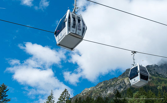 Underview of Brevent gondola lift cabins, with mountainside in Chamonix valley 