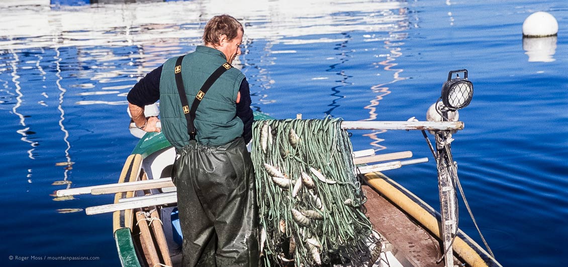 Lac Leman fisherman with his catch at Thonon-les-Bains, French Alps.