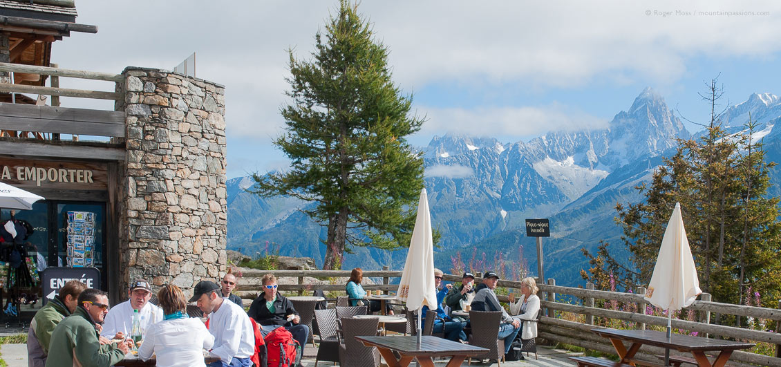 Mountain restaurant terrace with diners high above Chamonix