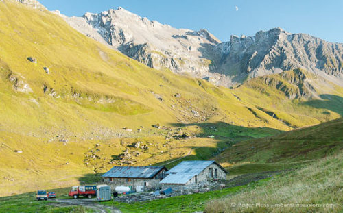 Long view ofBeaufort cheesemaking chalet at Conchette at dusk, French Alps.