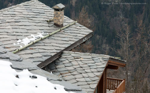 A lauze stone roof on mountain chalet in Sainte-Foy Tarentaise.