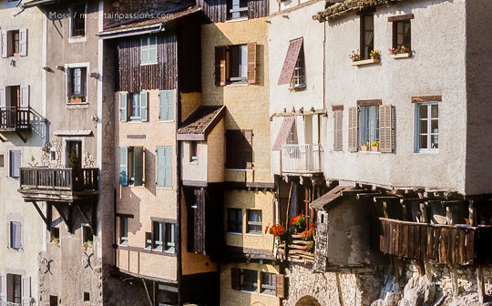 Detail of traditional facades at Pont-en-Royans in summer