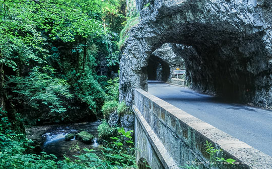 View of road tunnels beside wooded gorge with stream