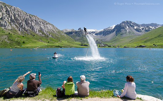 Flyboard demonstration at Tignes Le Lac with spectators