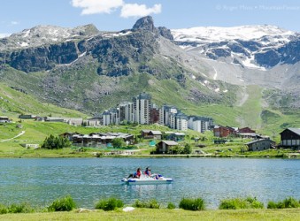 Tignes lake with mountains