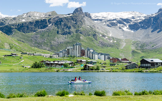 Tignes, lake with mountains, distant view of Val Claret