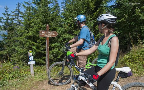 Choosing which cycle trail to follow, Les Saisies