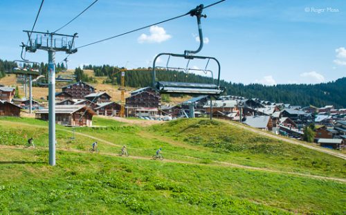 Les Saisies village with lift in summer