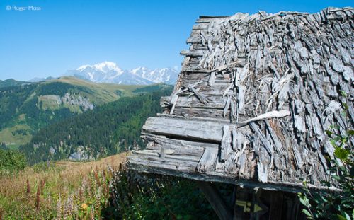 Abandoned mountain chalet with views beyond, Les Saisies