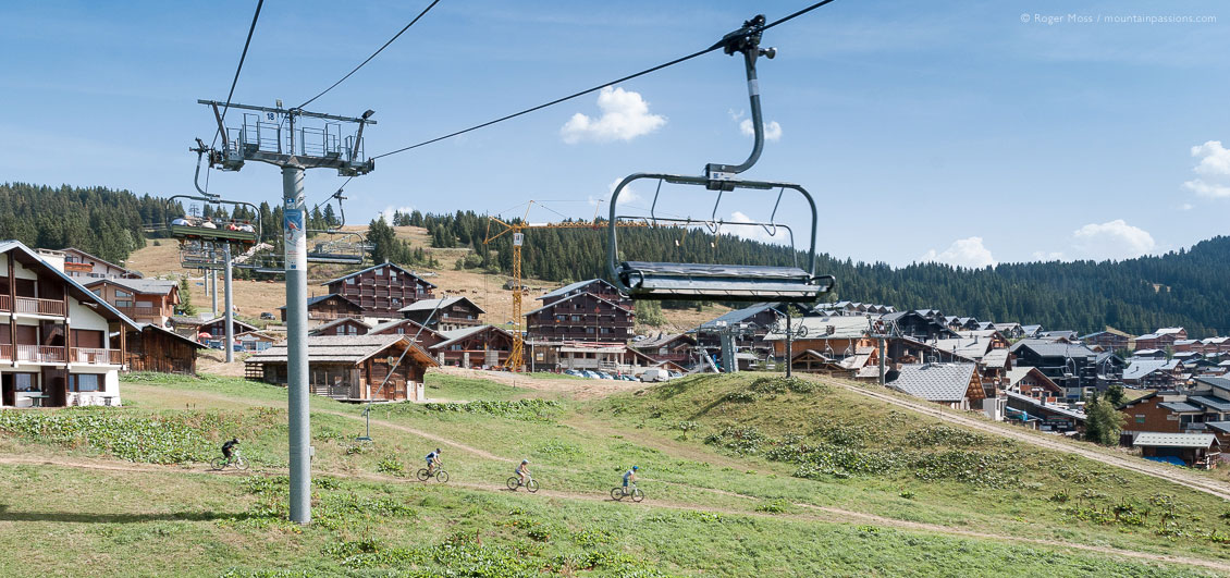 View from chairlift of Les Saisies in summer with mountainbikers