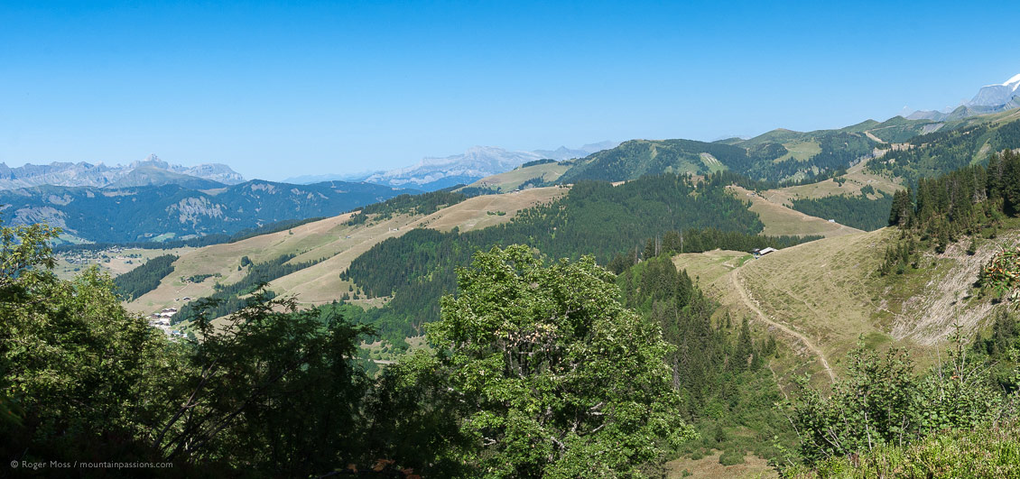 Wide elevated view of mountain landscape above Les Saisies in summer