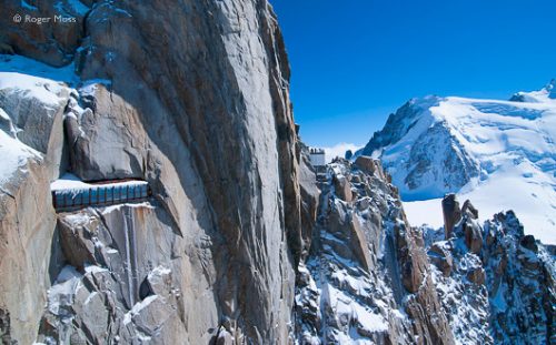 Rock faces conceal the galleries and visitor areas at the Aiguille du Midi, Chamonix