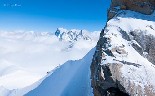 Even in summer the Arête de l'Aiguille du Midi is an important high mountain access point.