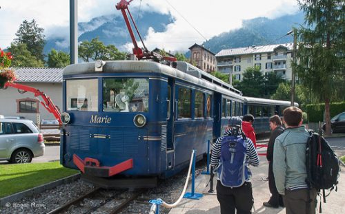 Passengers ready to board the Mont Blanc tram at the station in St Gervais.