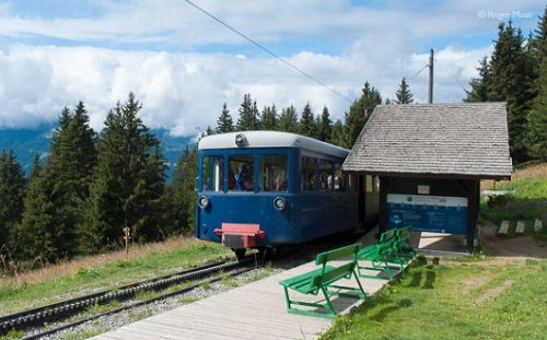 Tramway Mont Blanc passing Gare de Bellevue, Les Houches, French Alps.