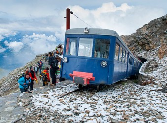 Passengers alight at the Nid d'Aigle, Tramway du Mont Blanc
