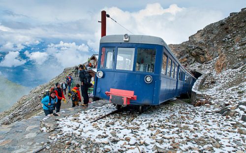 Passengers alight at the Nid d'Aigle, Tramway du Mont Blanc