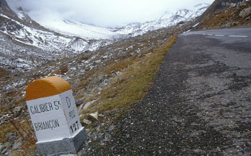 The route towards Galibier, where a narrow tunnel under the Col summit aids traffic caught out by unforeseen snow.