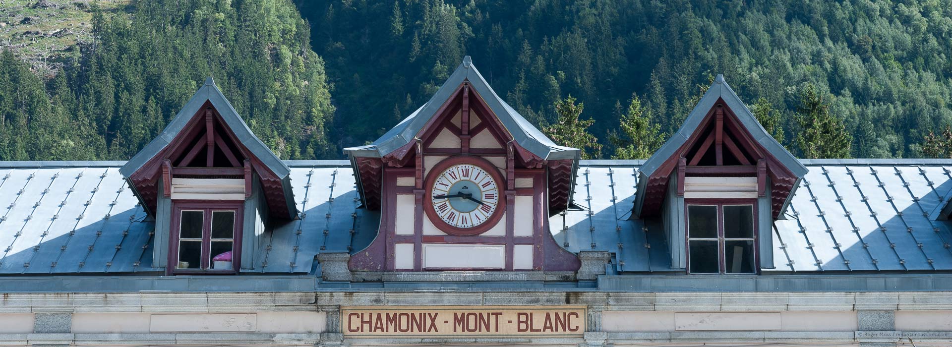 Roof of Chamonix Mont-Blanc Gare SNCF, French Alps, in summer.