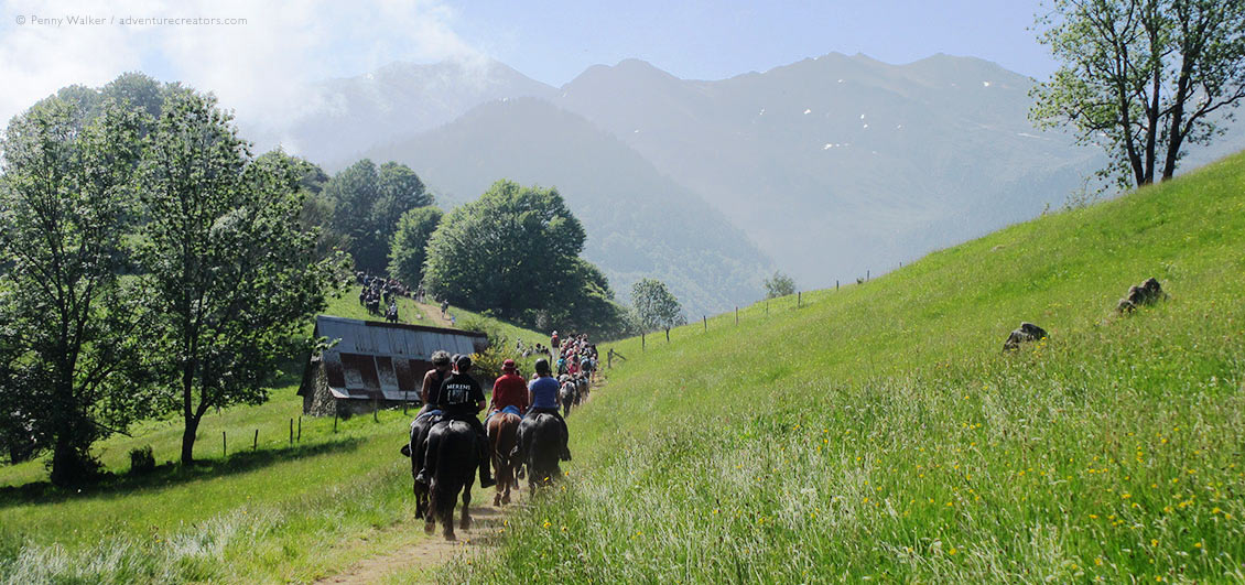 Group of horses and riders in mountain valley, transhumance festival in French Pyrenees.