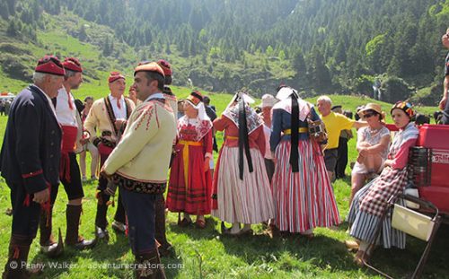 Transhumance Festival with traditional costumes in mountain setting