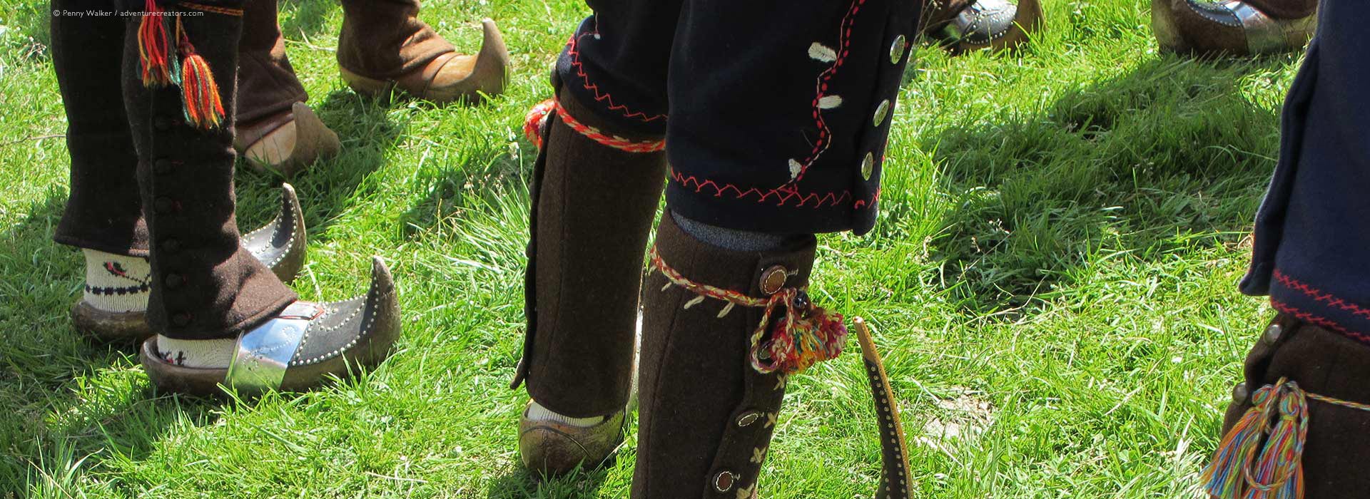 Traditional clogs during summer transhumance festival in French Pyrenees.
