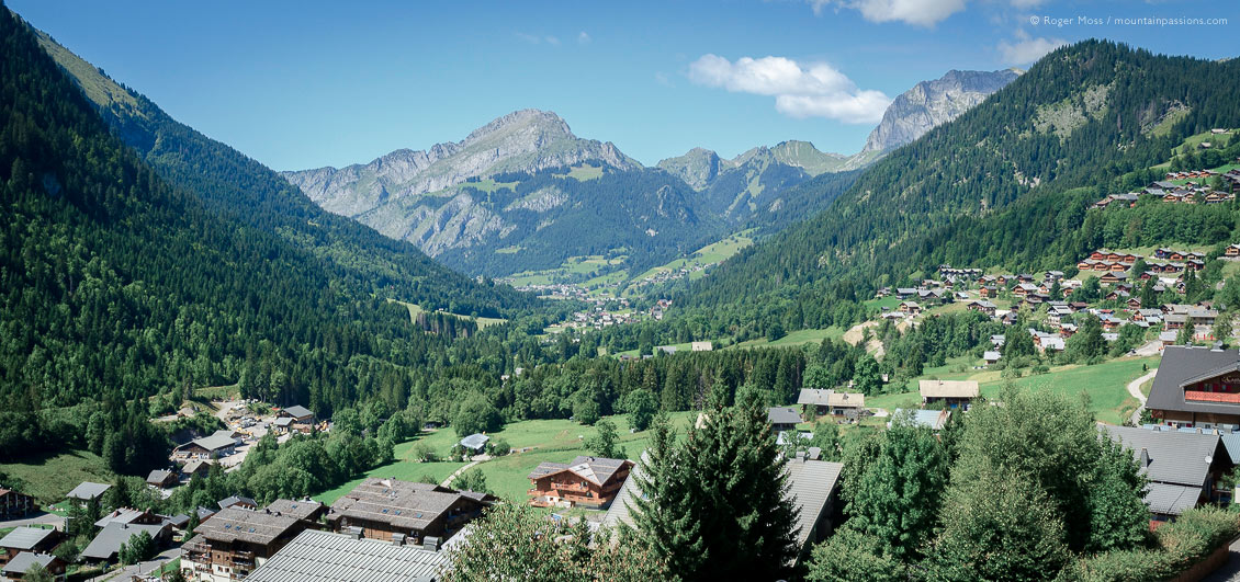 Overview of Chatel village and valley in summer, French Alps