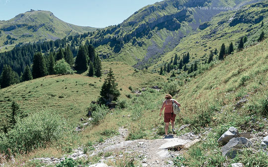 Wide view of walker descending mountain footpath near Avoriaz, French Alps