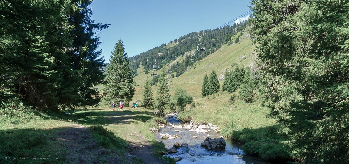 Wide view of walkers beside mountain stream in summer