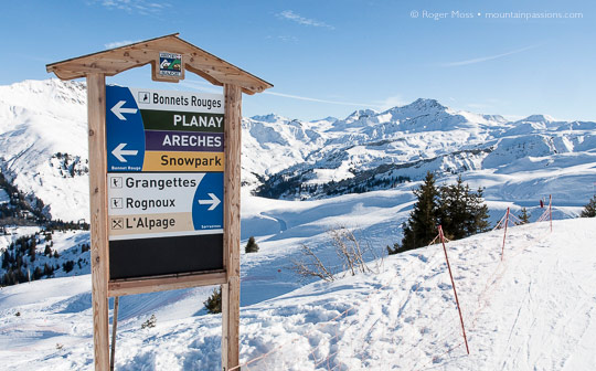 Ski area piste sign at Areches Beaufort, French Alps