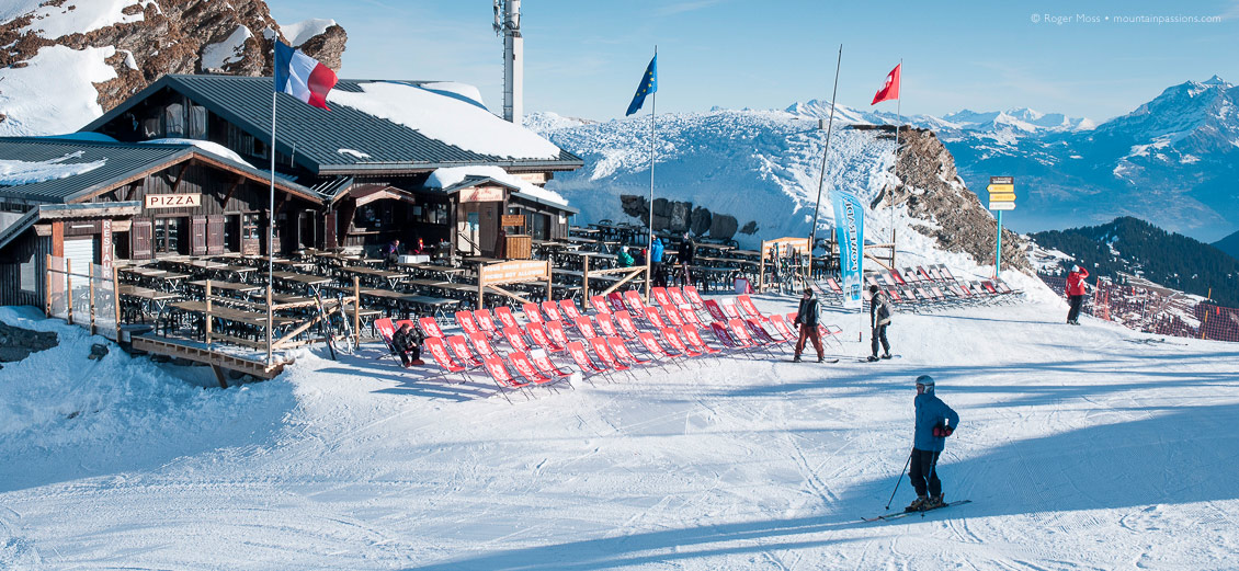 Skiers at mountain restaurant, beside Swiss border above Avoriaz, Portes du Soleil, French Alps.