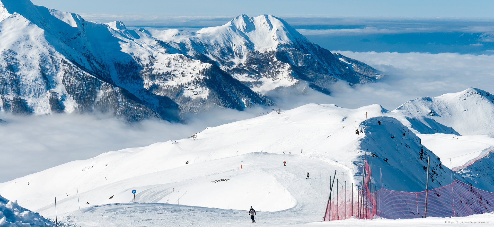 High view of ski terrain, showing mountain scenery