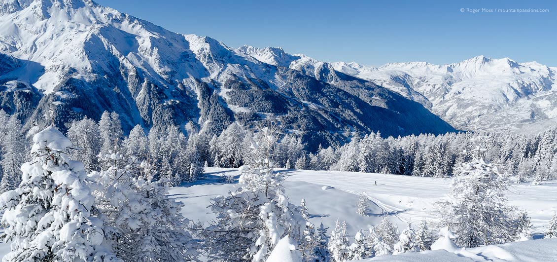 Ski area at Sainte Foy Tarentaise, French Alps, after fresh snow.
