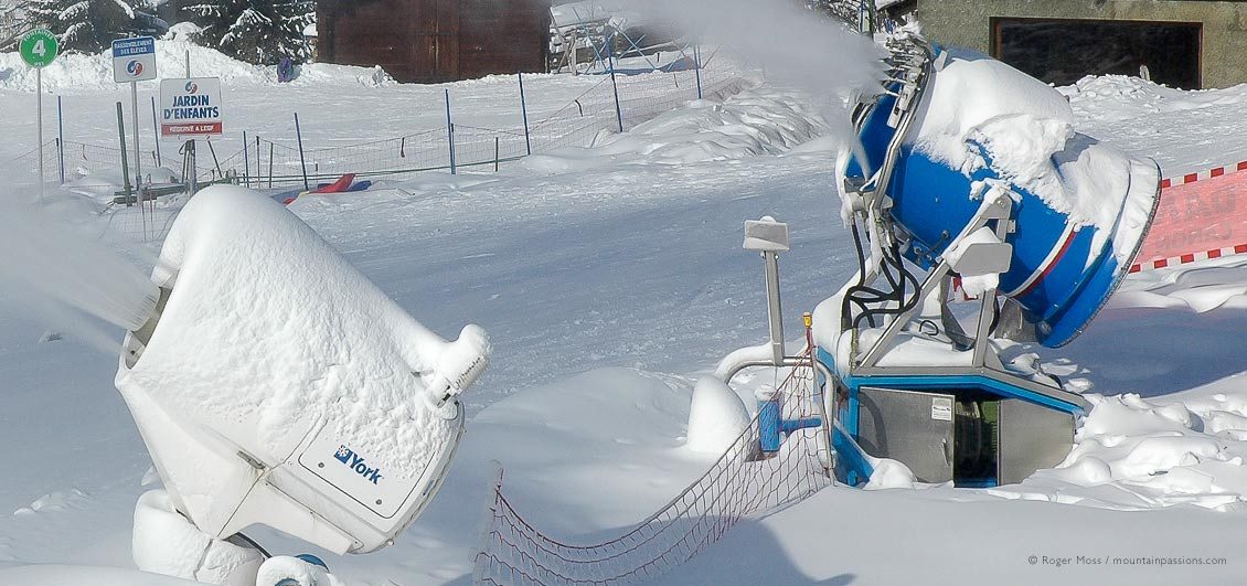 Different mobile snow-cannon units at work in Sixt Fer à Cheval, Grand Massif, Haute-Savoie, French Alps