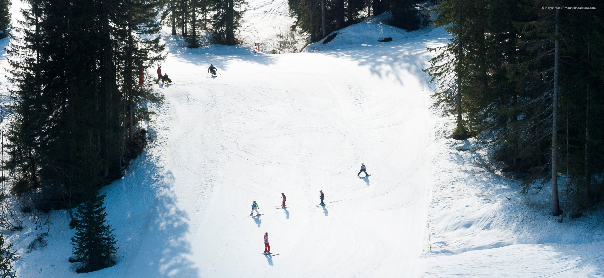 Bird's-eye view of ski intructors with children, plus disabled skiers.