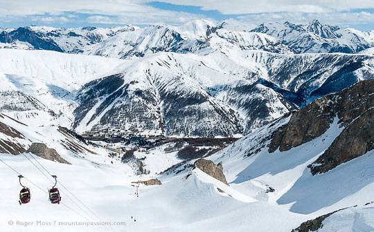 Overview of mountains with ski village in valley
