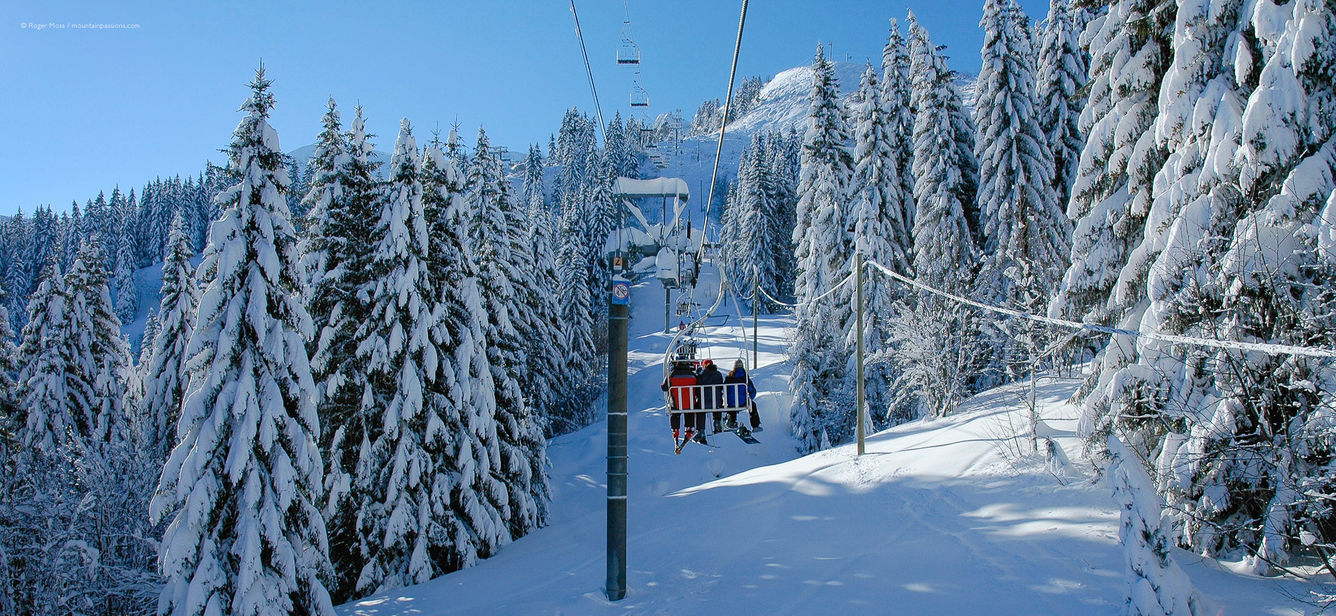 View from chair-lift between snow-covered pine forests between Samoens and Flaine.