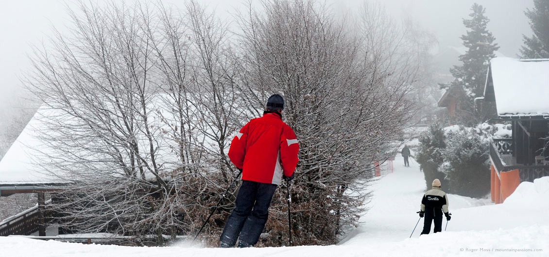 Skiers passing mountain chalets