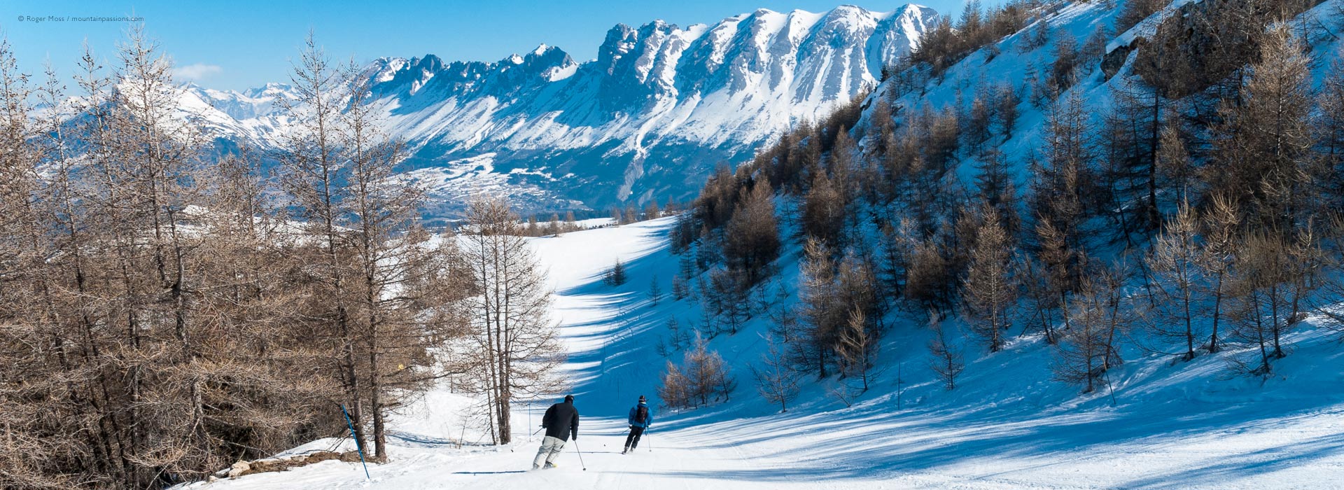 Two skiers descending tree-lined piste with mountain background.