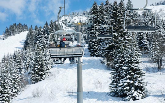 View from chairlift of ski tracks between trees