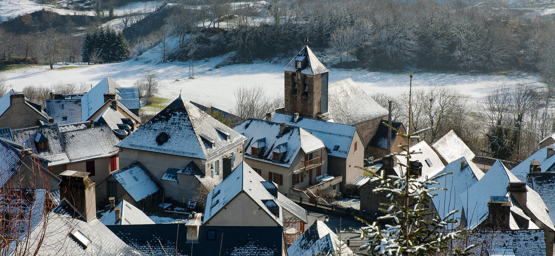 Overview of village with church and farmhouses