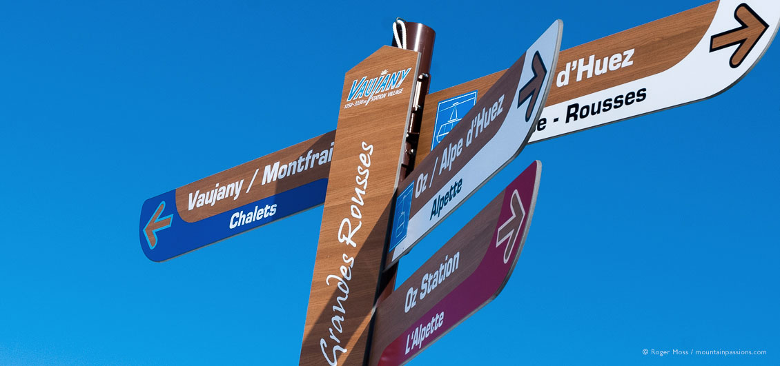 Skiers' view of ski piste sign at Vaujany